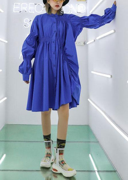 Unique blue Cotton clothes Cinched short fall shirt Dress - SooLinen