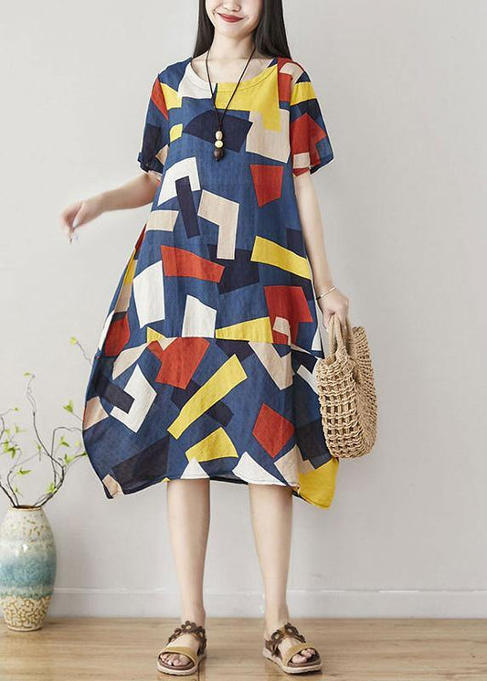 Unique blue asymmetric plaid Cotton dresses short sleeve Art summer Dress - SooLinen
