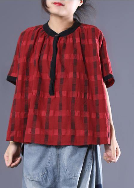 Unique cotton box top Plus Size Irregular Plaid Loose Short Sleeve Blouse - SooLinen