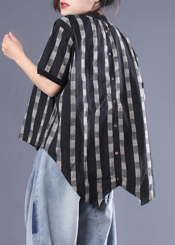 Unique cotton box top Plus Size Irregular Plaid Loose Short Sleeve Blouse - SooLinen