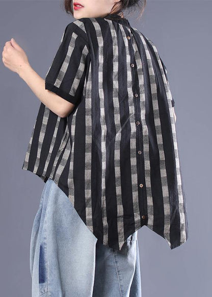Unique cotton box top Plus Size Irregular Plaid Loose Short Sleeve Blouse - SooLinen
