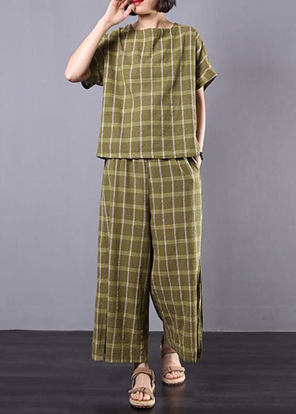 Unique cotton clothes For Women 2019 yellow Plaid Design Split Casual Two Piece Suit - SooLinen