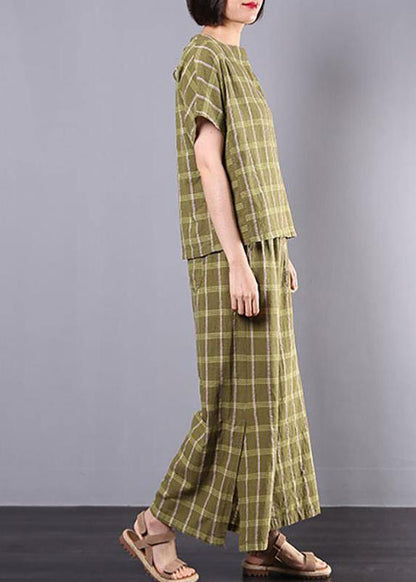 Unique cotton clothes For Women 2019 yellow Plaid Design Split Casual Two Piece Suit - SooLinen