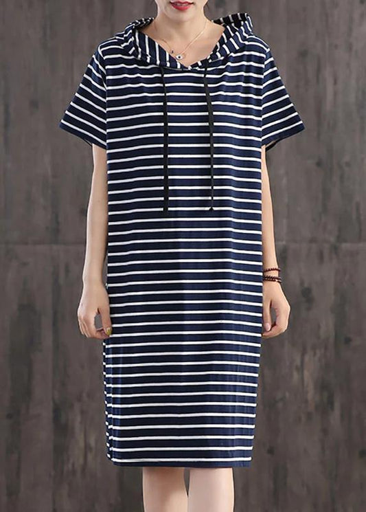 Unique cotton clothes Women Casual Classic Wild Striped Hooded Loose Dress - SooLinen
