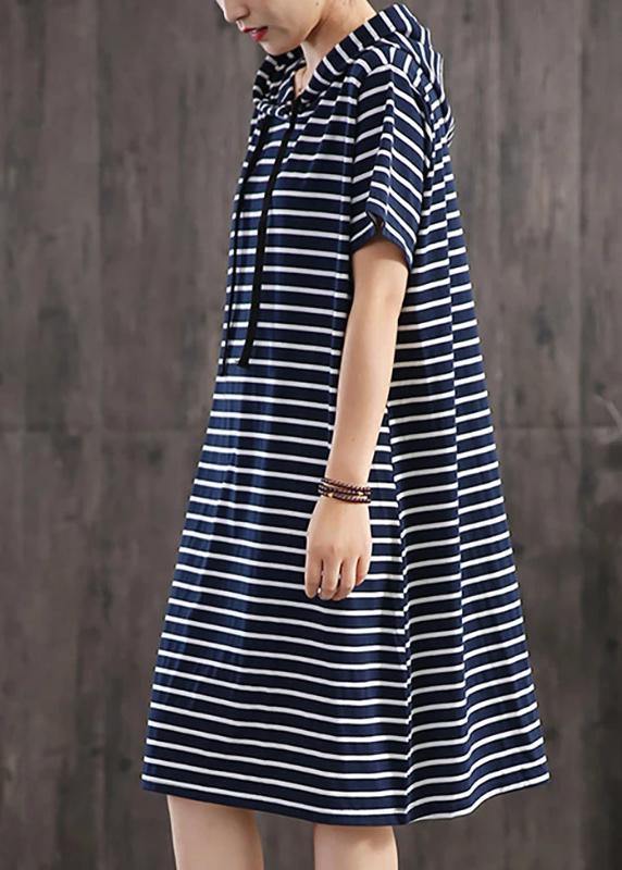 Unique cotton clothes Women Casual Classic Wild Striped Hooded Loose Dress - SooLinen