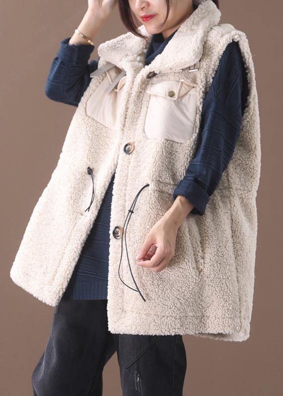 Unique drawstring Plus Size sleeveless maxi coat beige white silhouette women coats - SooLinen