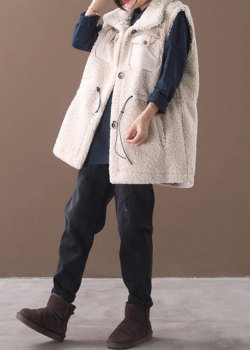 Unique drawstring Plus Size sleeveless maxi coat beige white silhouette women coats - SooLinen