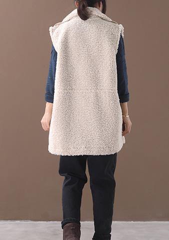 Unique drawstring Plus Size sleeveless maxi coat beige white silhouette women coats - SooLinen