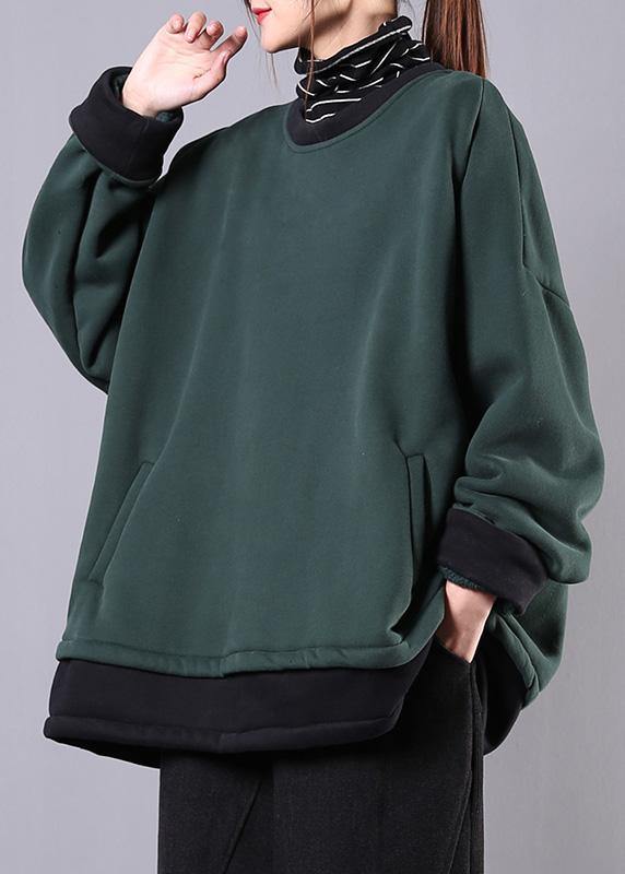 Unique dull green cotton clothes For Women o neck pockets tunic top - SooLinen