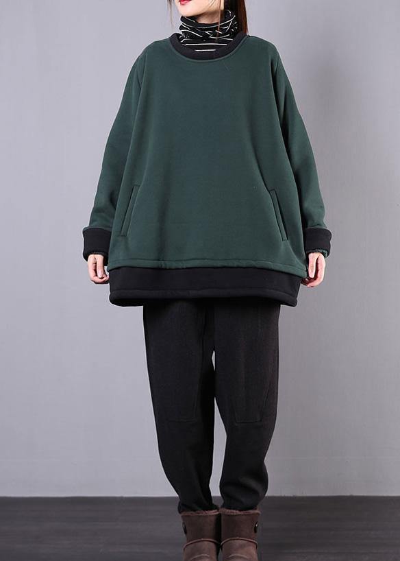 Unique dull green cotton clothes For Women o neck pockets tunic top - SooLinen