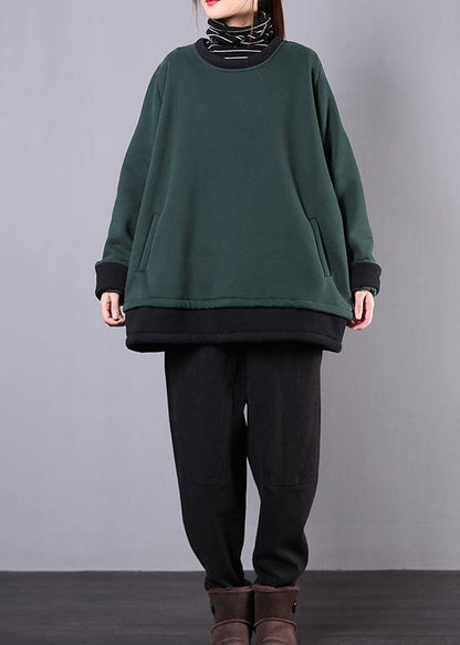 Unique dull green cotton clothes For Women o neck pockets tunic top - SooLinen