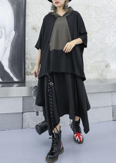 Unique gray green patchwork cotton Blouse hooded Dresses fall blouses - SooLinen