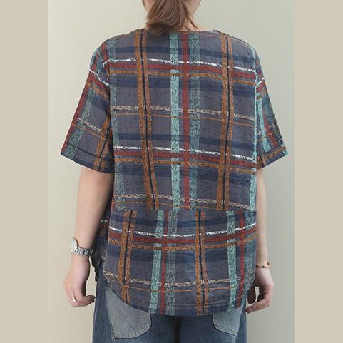 Unique gray plaid linen Blouse o neck short summer blouses - SooLinen