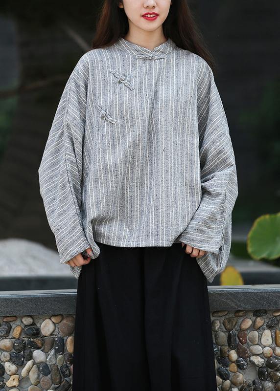 Unique gray striped clothes For Women stand collar trumpet sleeves silhouette shirts - SooLinen