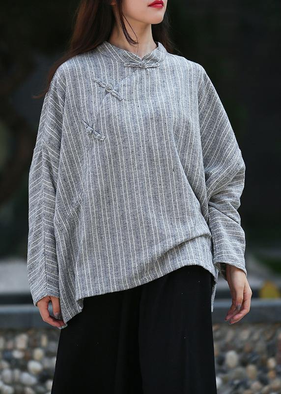 Unique gray striped clothes For Women stand collar trumpet sleeves silhouette shirts - SooLinen