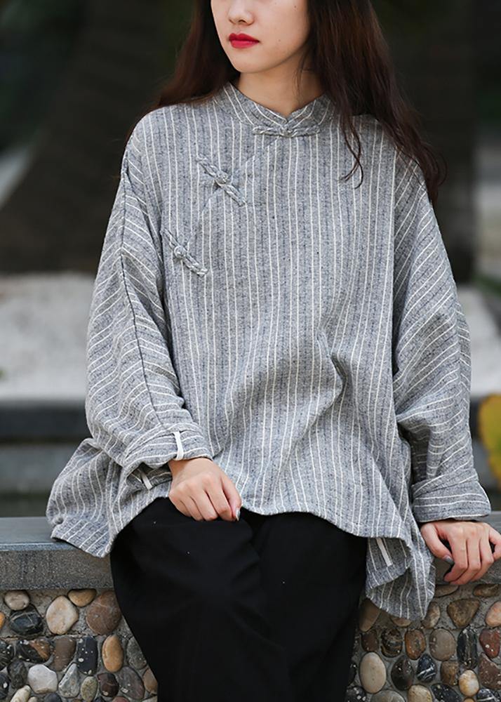 Unique gray striped clothes For Women stand collar trumpet sleeves silhouette shirts - SooLinen