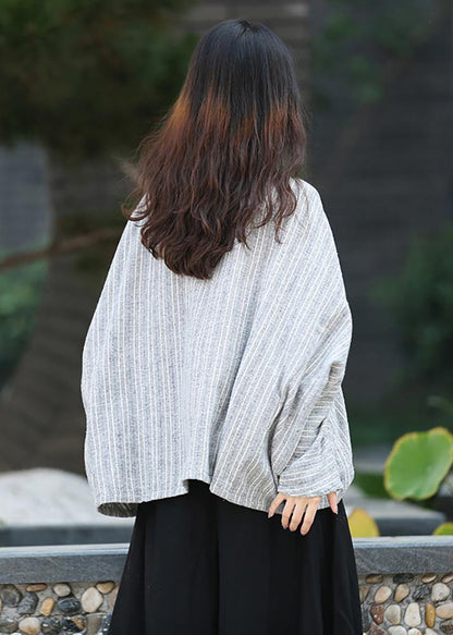 Unique gray striped clothes For Women stand collar trumpet sleeves silhouette shirts - SooLinen