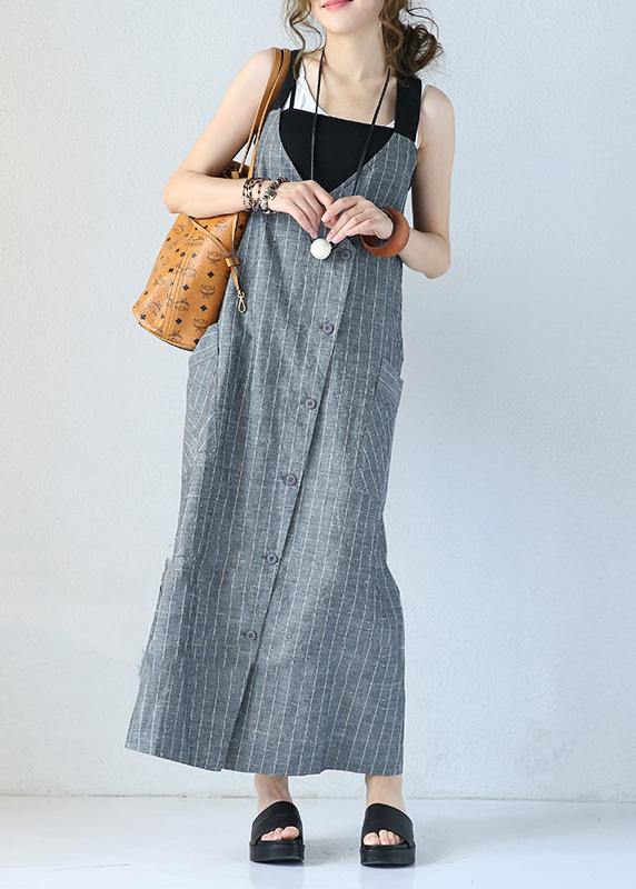 Unique gray striped linen dresses Single-breasted Maxi sleeveless Dress - SooLinen