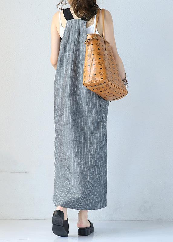 Unique gray striped linen dresses Single-breasted Maxi sleeveless Dress - SooLinen