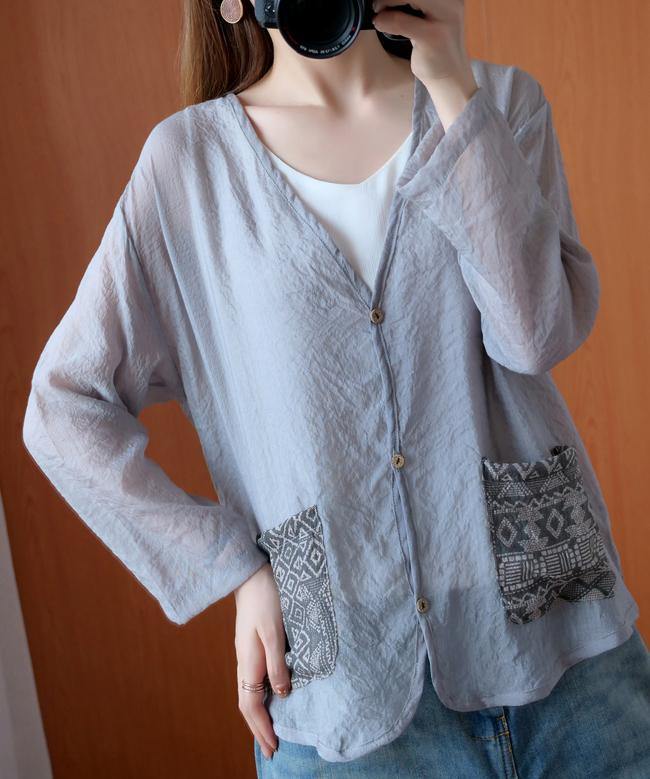 Unique gray tops women blouses v neck Button Down daily blouse - SooLinen