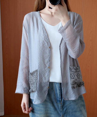 Unique gray tops women blouses v neck Button Down daily blouse - SooLinen