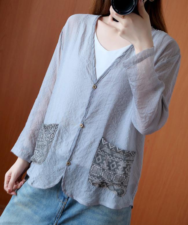 Unique gray tops women blouses v neck Button Down daily blouse - SooLinen