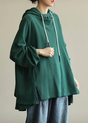 Unique green tunic pattern hooded drawstring Plus Size Clothing blouses - SooLinen
