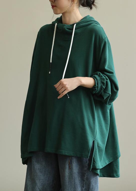 Unique green tunic pattern hooded drawstring Plus Size Clothing blouses - SooLinen