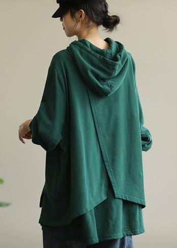 Unique green tunic pattern hooded drawstring Plus Size Clothing blouses - SooLinen