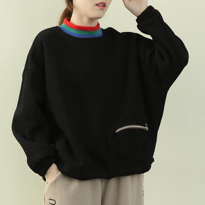 Unique high neck patchwork zippered tops women black tunic shirts - SooLinen