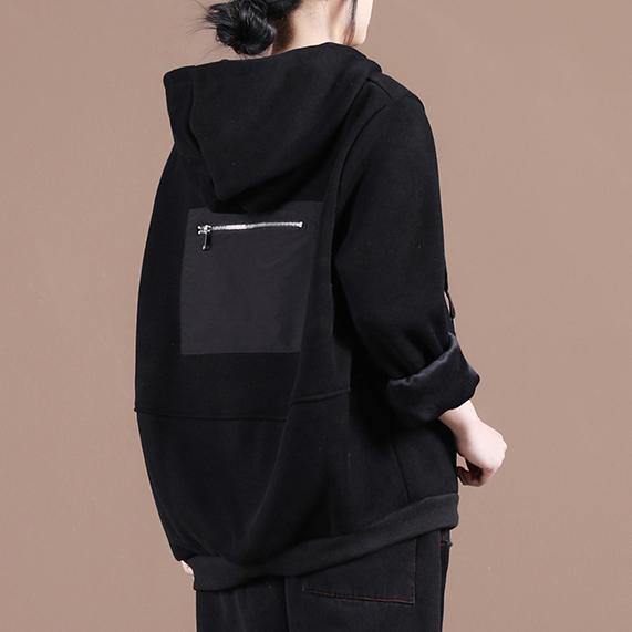 Unique hooded patchwork tunics for women Work Outfits black thick blouses - SooLinen