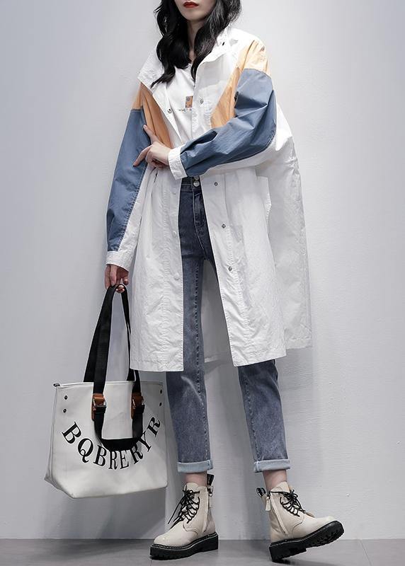 Unique hooded zippered Fine patchwork tunics for women white Dresses coat - SooLinen