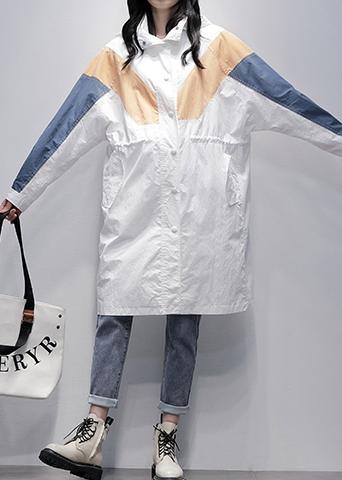 Unique hooded zippered Fine patchwork tunics for women white Dresses coat - SooLinen