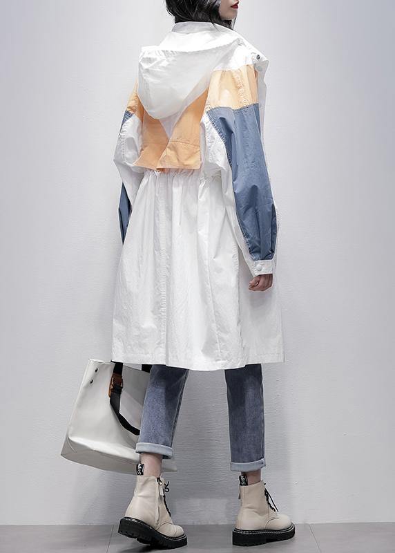 Unique hooded zippered Fine patchwork tunics for women white Dresses coat - SooLinen