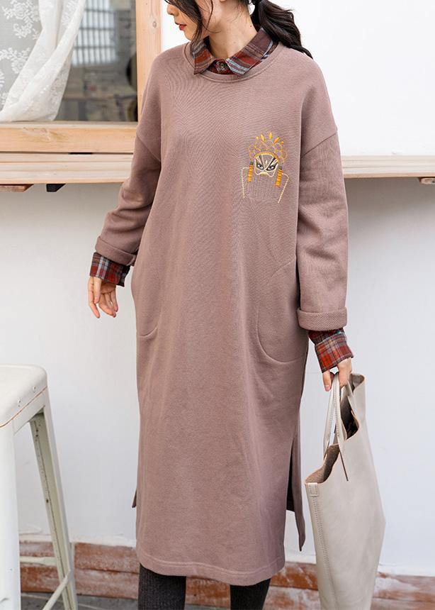 Unique khaki cotton clothes o neck side open Dresses - SooLinen