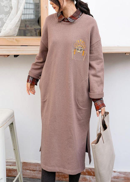 Unique khaki cotton clothes o neck side open Dresses - SooLinen