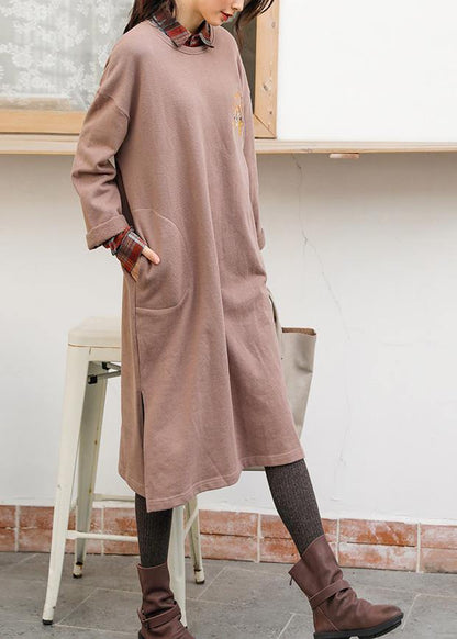 Unique khaki cotton clothes o neck side open Dresses - SooLinen
