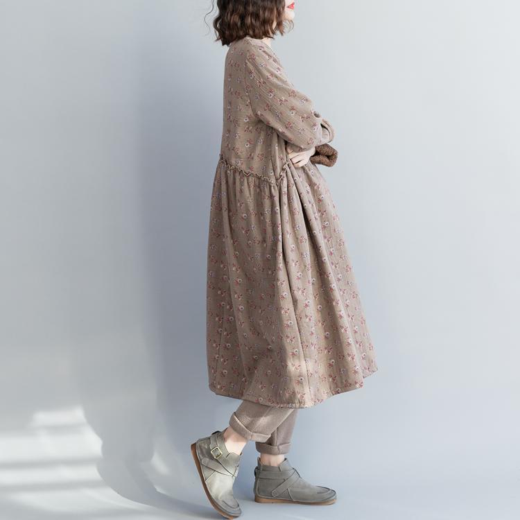 Einzigartige khakifarbene Kleider aus Leinen und Baumwolle mit Blumenmuster, edle Weihnachtsgeschenke, Kaftan mit Rundhalsausschnitt, Cinched-Kleid