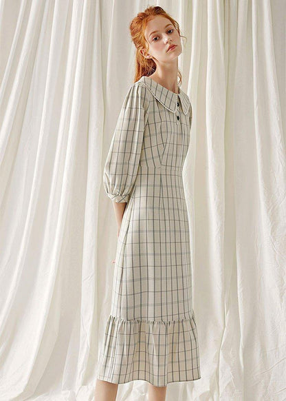 Unique light nude plaid blended clothes ruffles hem cotton robes fall Dresses - SooLinen