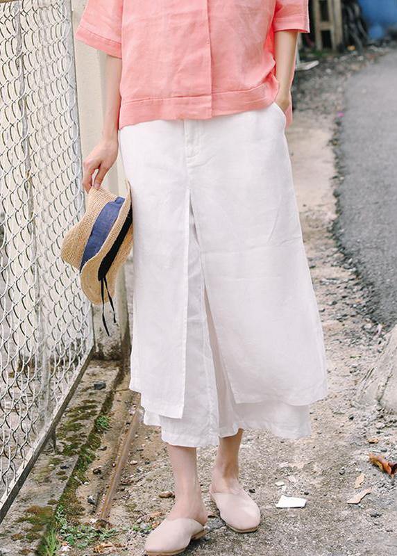 Unique linen pants women Casual Double Layer Plus Size White Wide Leg Pants - SooLinen