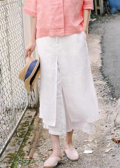 Unique linen pants women Casual Double Layer Plus Size White Wide Leg Pants - SooLinen