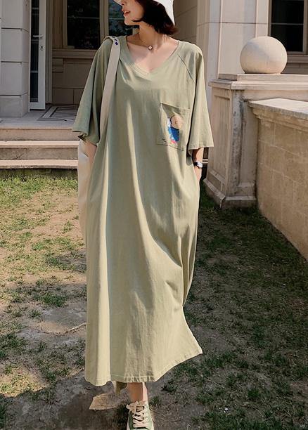 Unique low high design cotton Tunics Wardrobes army green v neck Robe Dresses summer - SooLinen