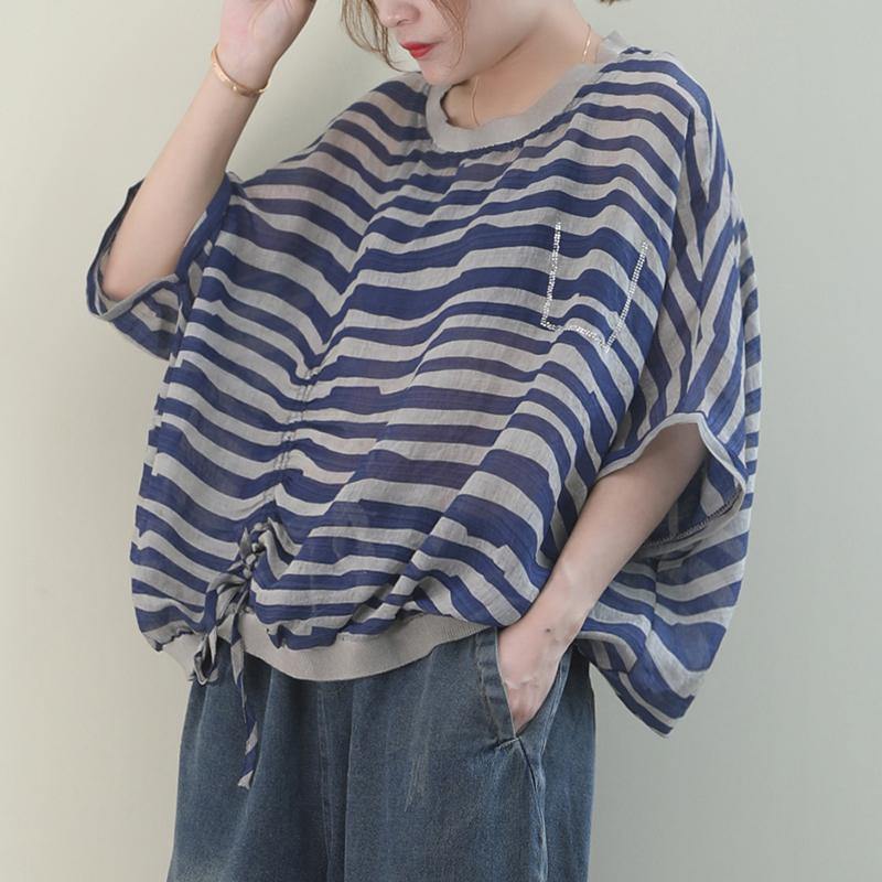 Unique o neck Batwing Sleeve linen shirts blue striped shirt - SooLinen