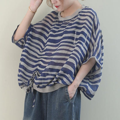 Unique o neck Batwing Sleeve linen shirts blue striped shirt - SooLinen