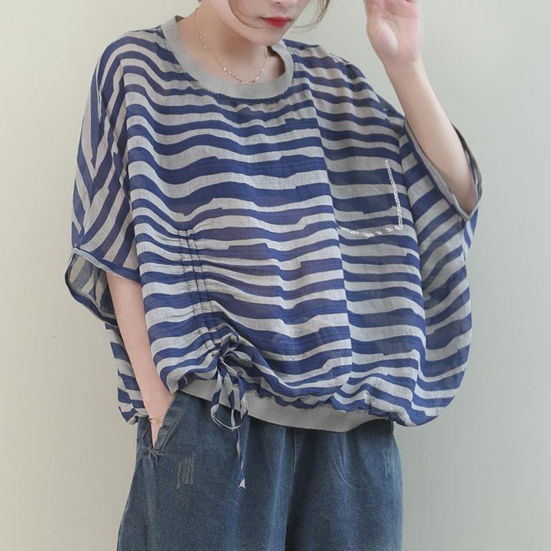 Unique o neck Batwing Sleeve linen shirts blue striped shirt - SooLinen