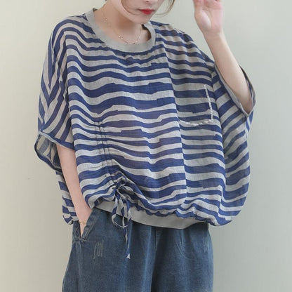 Unique o neck Batwing Sleeve linen shirts blue striped shirt - SooLinen