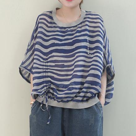 Unique o neck Batwing Sleeve linen shirts blue striped shirt - SooLinen