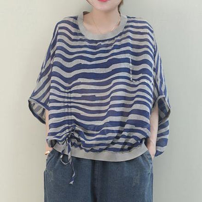 Unique o neck Batwing Sleeve linen shirts blue striped shirt - SooLinen