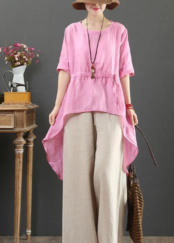 Unique o neck asymmetric linen tops women Wardrobes pink top - SooLinen