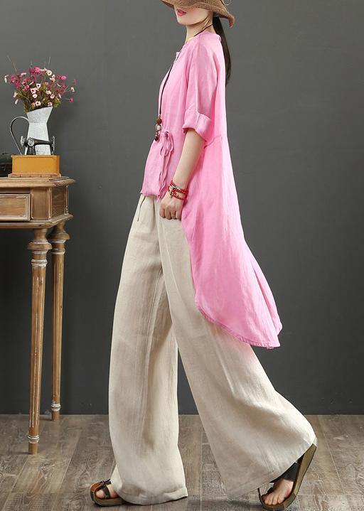 Unique o neck asymmetric linen tops women Wardrobes pink top - SooLinen